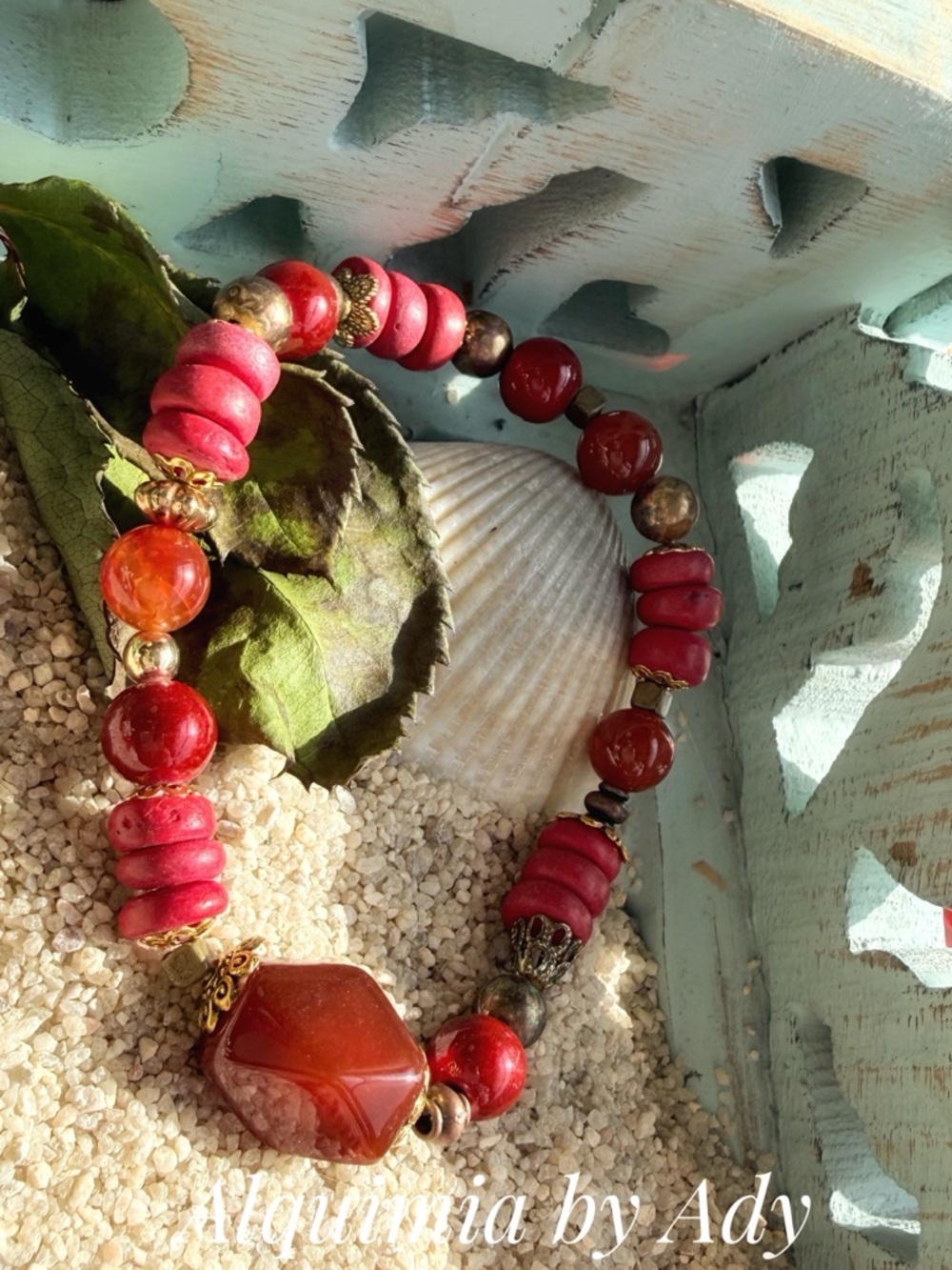 Red  turquoise + carnelians Coral Beaded Bracelet with Gold Accents